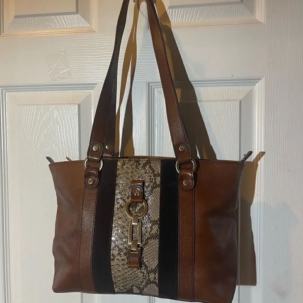 Etienne Aigner Brown Tan Leather & snake Skin print Medium Shoulder Bag .
